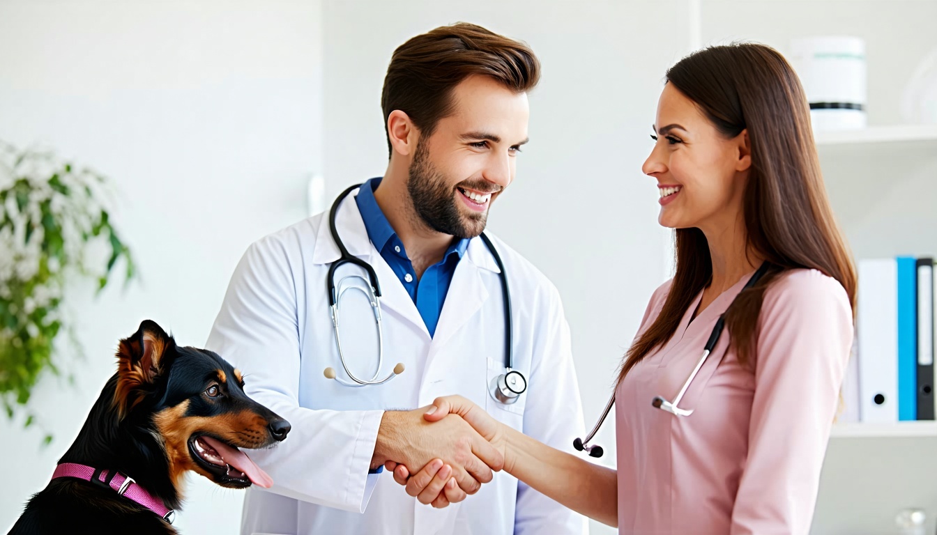 A happy pet owner shaking hands with a smiling vet