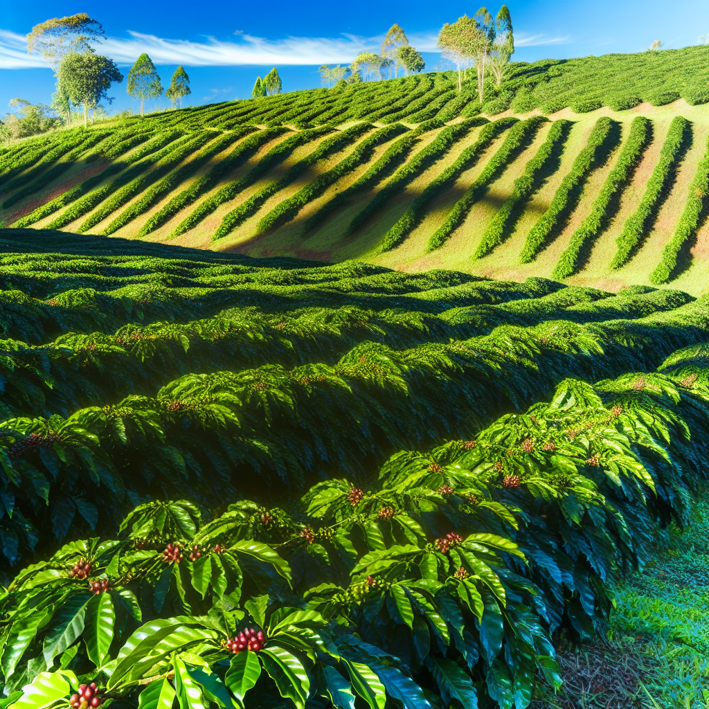 A vibrant coffee plantation on a hillside, showcas